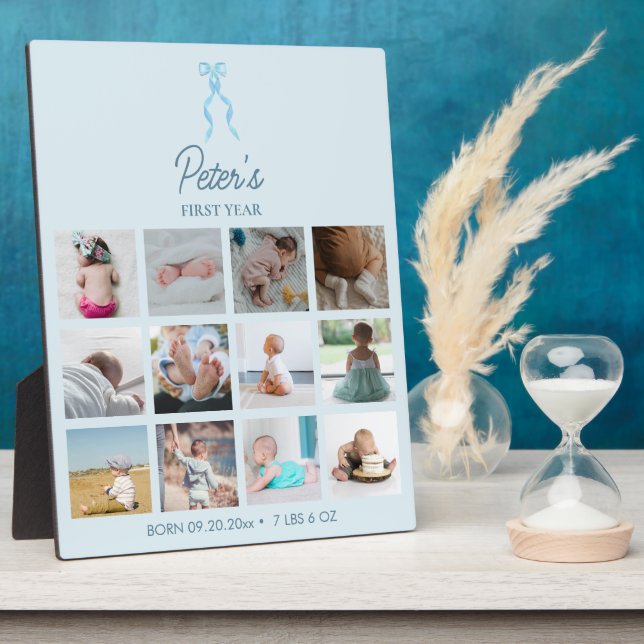 Baby's First Year Photos Birth Stats Blue Bow Plaque (Side)
