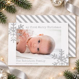 Baby's My 1st Christmas Photo White Grey Snowflake Holiday Card