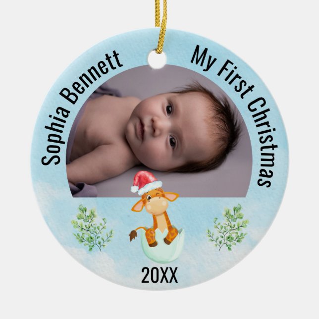 Babys My First Christmas 2023 Personalized 2 Photo Ceramic Tree Decoration (Front)