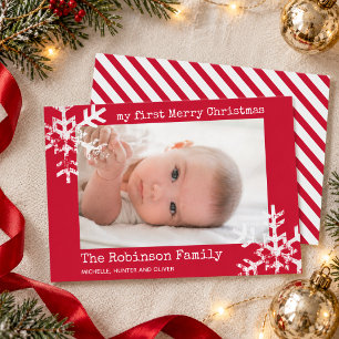 Baby's My First Christmas Photo Red Snowflake Holiday Card