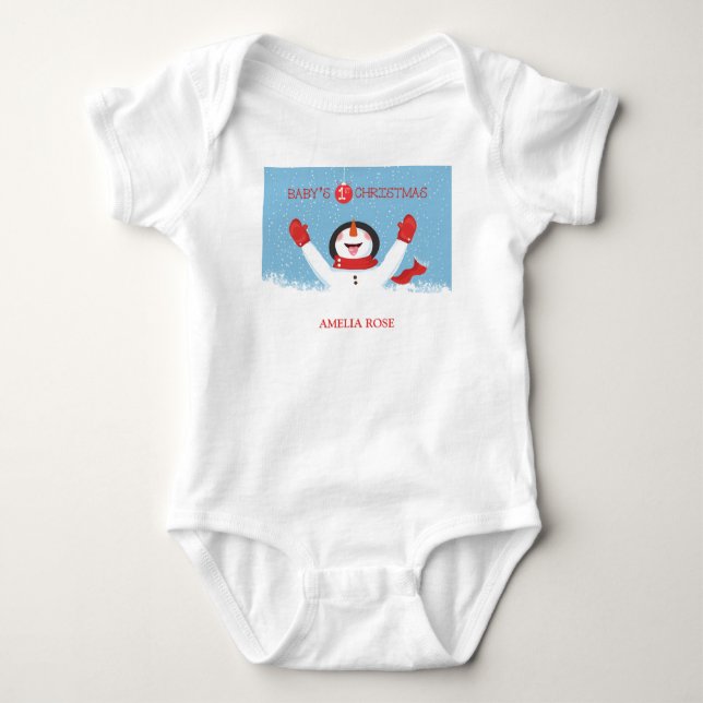 Babys Name First Christmas Snowman Baby Bodysuit (Front)