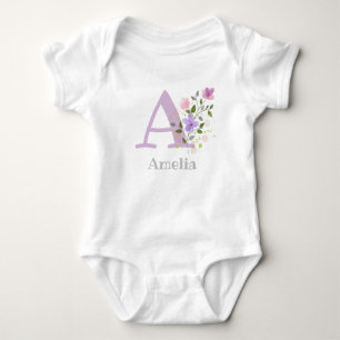 Baby's Name & Initial with Flowers Baby Bodysuit
