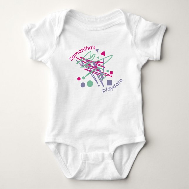 Baby's Name Pink Purple Teal Shapes Playdate Colou Baby Bodysuit (Front)