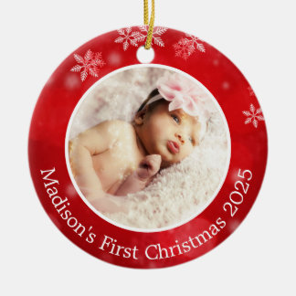 Baby's Red Snowflake Personalised First Christmas Ceramic Tree Decoration