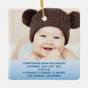 Baby's Stats Blue 1st Christmas Photo Ceramic Ornament