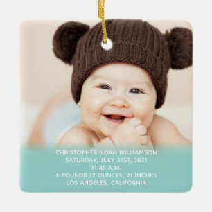 Baby's Stats Blue Green 1st Christmas Photo Ceramic Ornament
