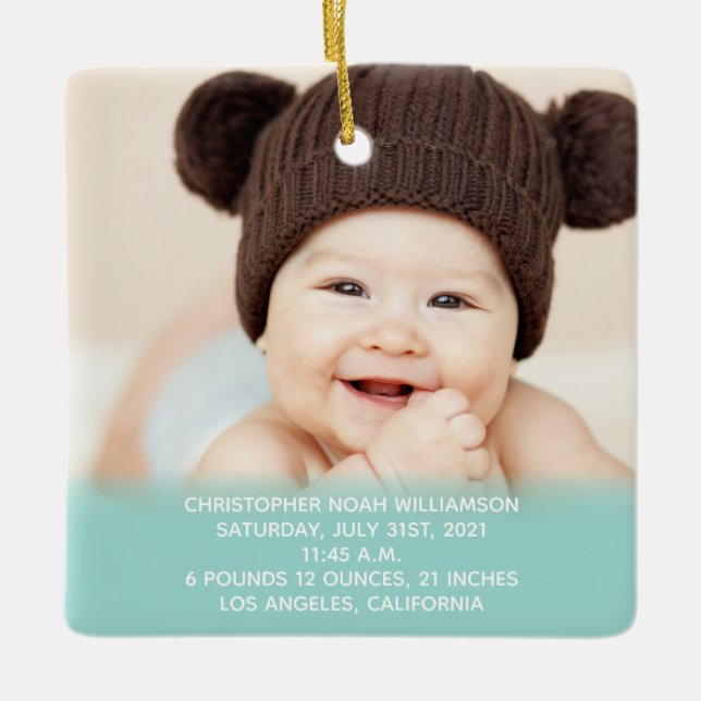 Baby's Stats Blue Green 1st Christmas Photo Ceramic Ornament (Front)