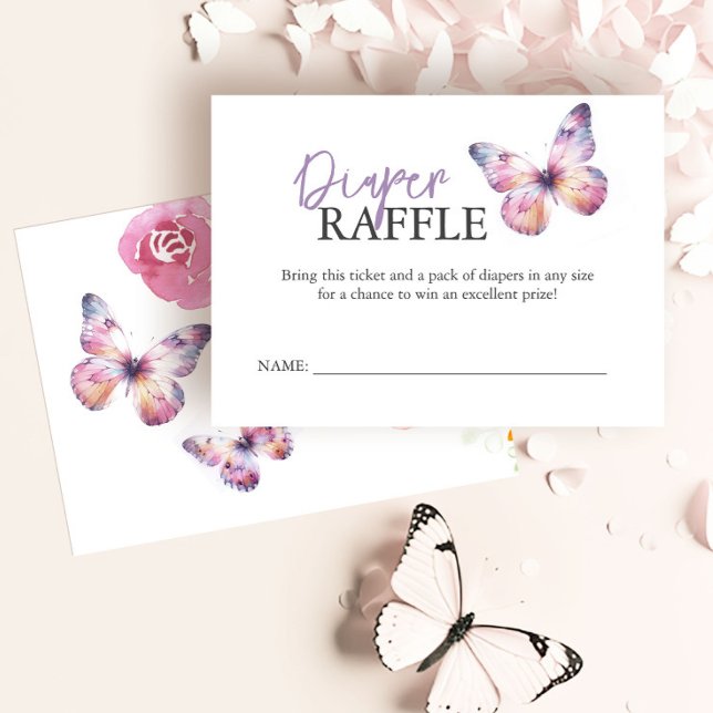Babyshower Enclosure Cards Diaper Raffle Butterfly (Diaper raffle cards purple and pink watercolor butterflies floral art by Victoria Grigaliunas)