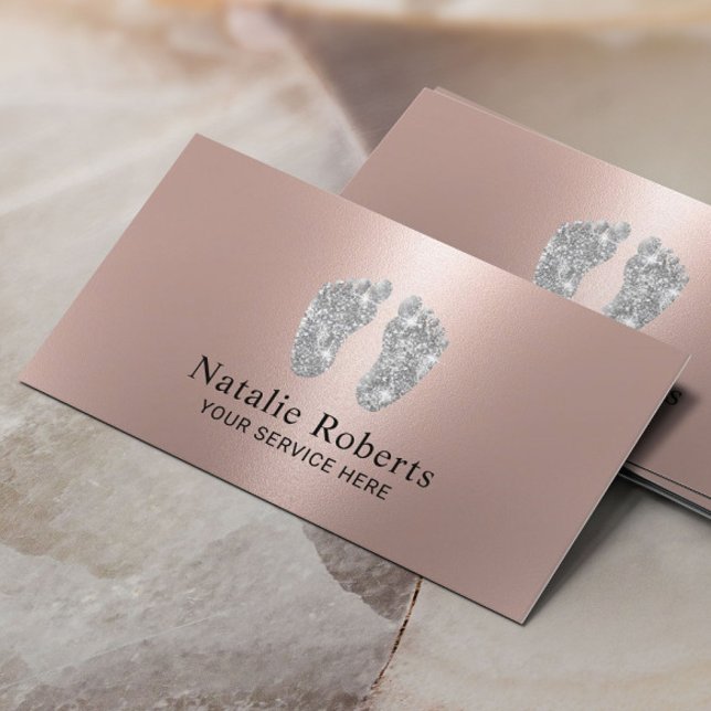 Babysitter Modern Rose Gold Silver Feet Nanny Business Card (Creator Uploaded)