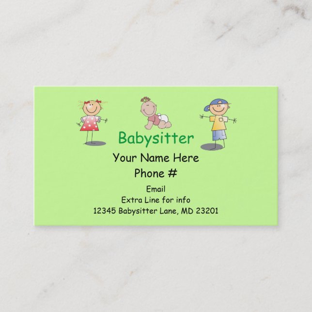Babysitter Nanny Cartoon Stick Kids Boy Girl Baby Business Card (Front)