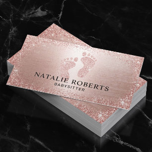 Babysitter Nanny Modern Rose Gold Glitter Business Card