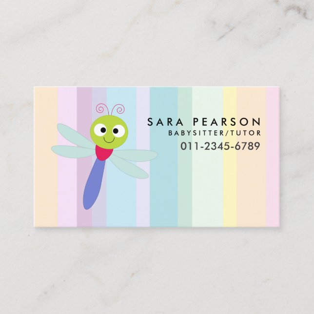 Babysitter Tutor Child Care Cute Dragonfly Business Card (Front)