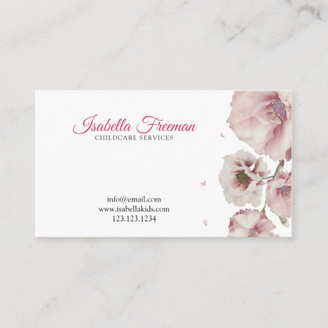 Babysitting Modern Pink Girly Watercolor Floral Business Card (Front)