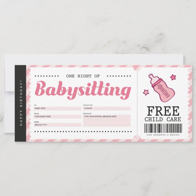 Babysitting Pink Gift Coupon Voucher Certificate Invitation (Front)