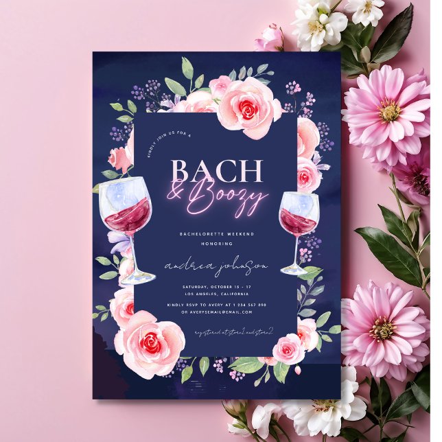 Bach and Boozy Neon & Pink Floral Bachelorette Invitation (Creator Uploaded)