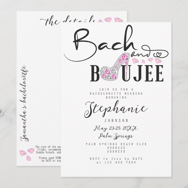 Bach & Boujee Pink Diamond Glam Bachelorette Party Invitation (Front/Back)