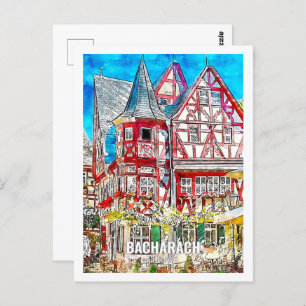 Bacharach Germany Famous Travel Watercolor Sketch Postcard