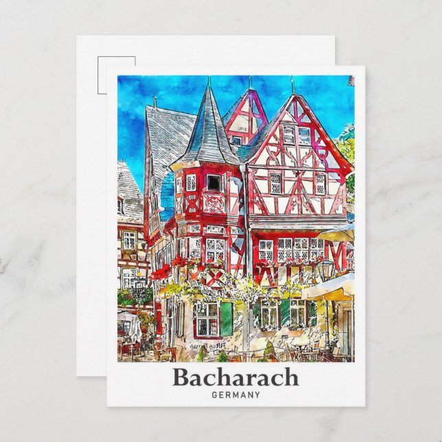 Bacharach Germany Travel Watercolor Hand Drawn Postcard (Front/Back)