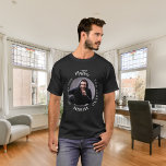 Bachelor black white photo man myth legend T-Shirt<br><div class="desc">Celebrate his special day in style with this personalised t-shirt! Featuring a classic black background and bold text that reads: "The Man, The Myth, The Legend." Customise the design by adding his name and a favourite photo to make it truly unique. This t-shirt is the perfect gift for a legendary...</div>