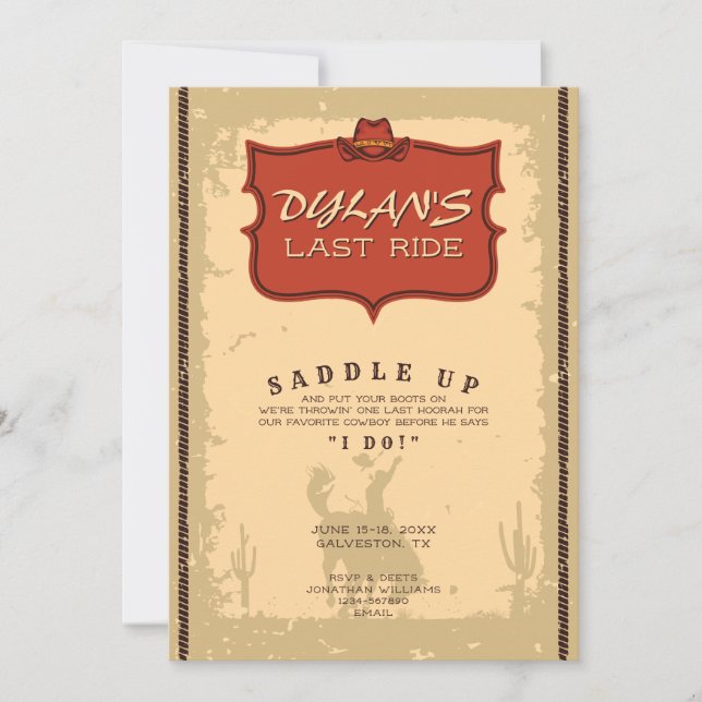 Bachelor Last Ride Western Cowboy Texas Adventure Invitation (Front)