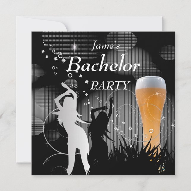 Bachelor Party Black Gold White Beer Glass Girls Invitation (Front)