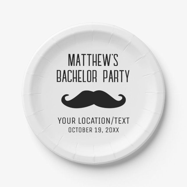 Bachelor Party Black Moustache Wedding Paper Plate (Front)