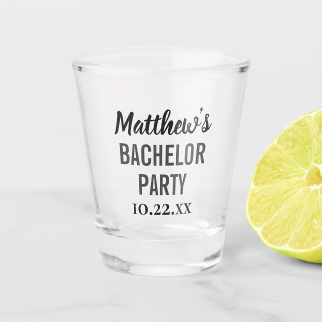 Bachelor Party Favour Modern Typography Shot Glass (Front)