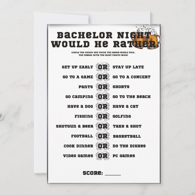 Bachelor Party Game, Would He Rather Invitation (Front)