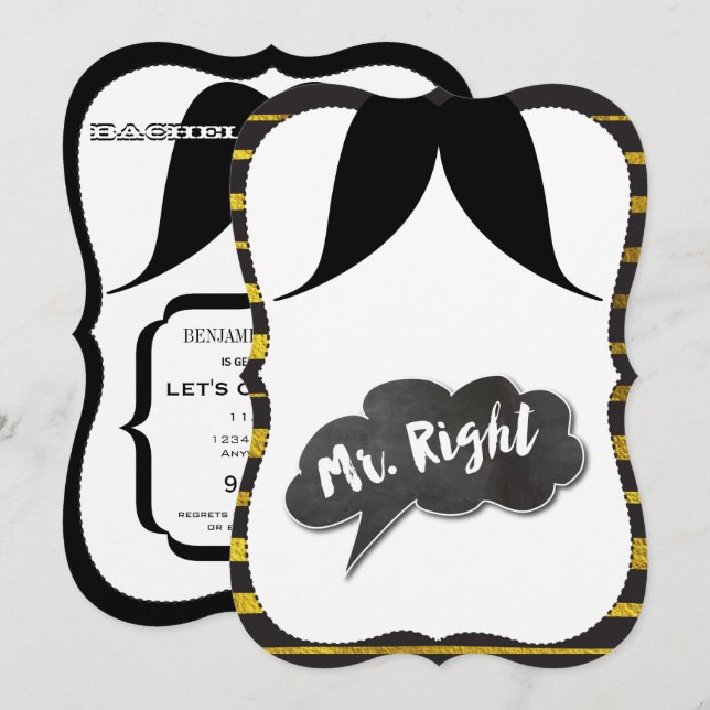 Bachelor Party Mr. Right Moustache Retro Hipster Invitation (Front/Back)