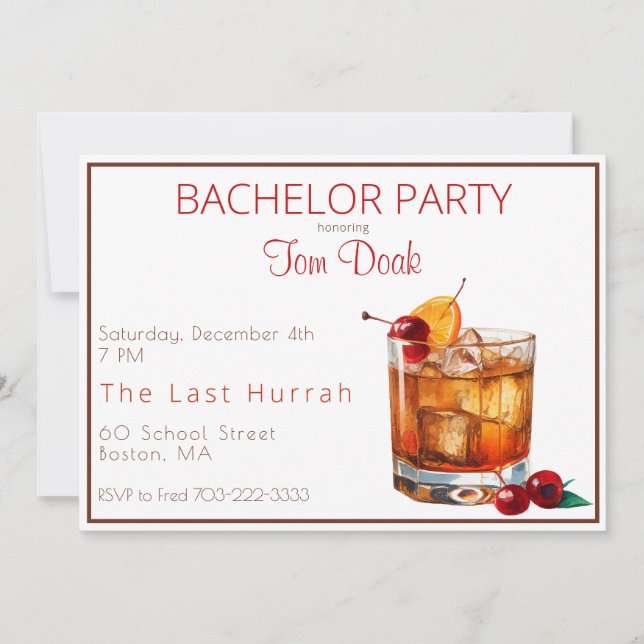 Bachelor Party Old Fashioned Drink Brown Border Invitation (Front)