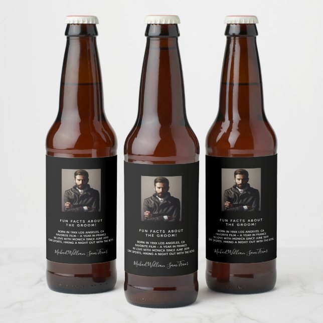 Bachelor party photo fun facts bio black groom beer bottle label (Bottles)
