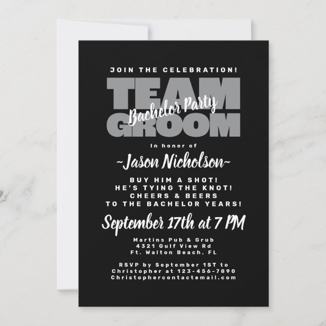 Bachelor Party Team Groom Black Masculine Stylish Invitation (Front)