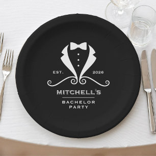 Bachelor Party Tuxedo Suit Bowtie Black Wedding Paper Plate