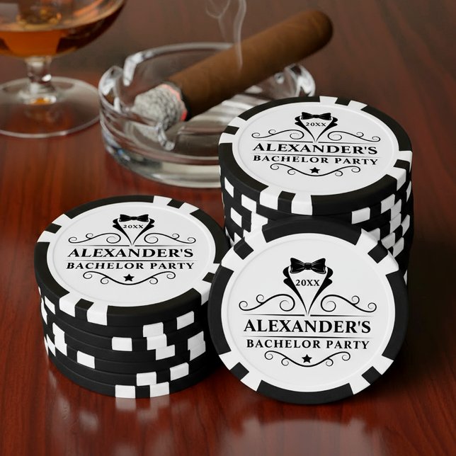 Bachelor Party Tuxedo Tie Black and White Poker Chips (Customize to change text size, text style or background color.)
