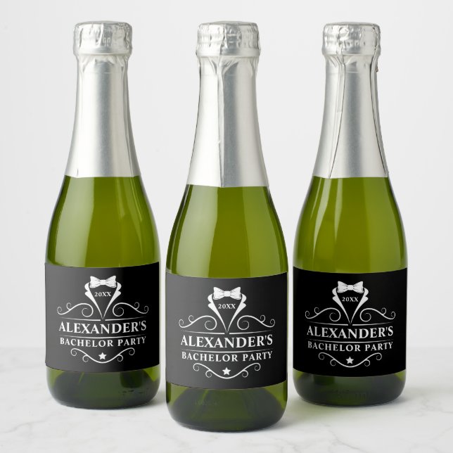 Bachelor Party Tuxedo Tie Black Mini Sparkling Wine Label (Bottles)