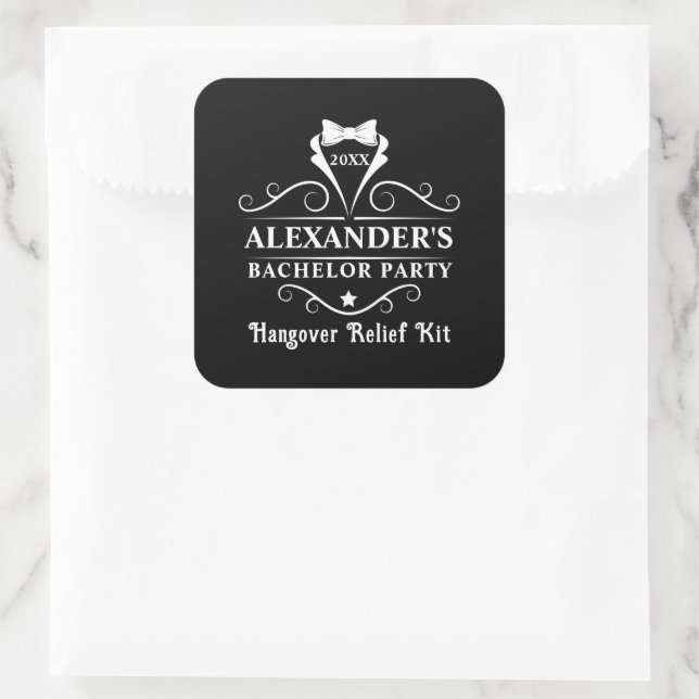 Bachelor Party Tuxedo Tie Hangover Relief Black Square Sticker (Bag)