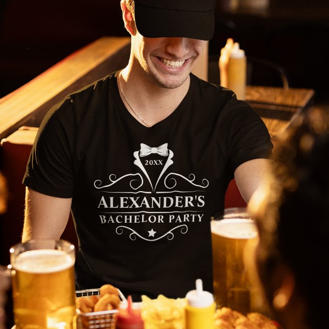Bachelor Party Tuxedo Tie Name T-Shirt (Customize to change text size. Choose from a variety of shirt colors and styles.)