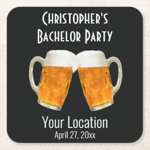 Bachelor Party Wedding Beer Cheers Black Square Paper Coaster