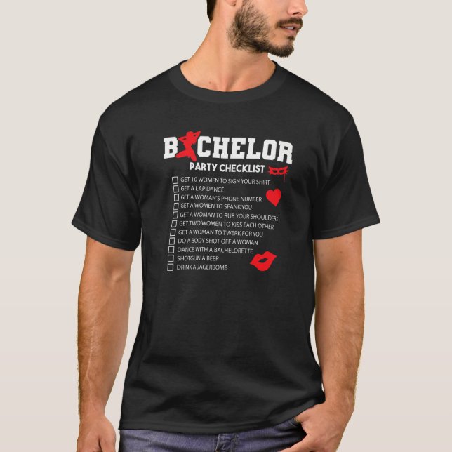 Bachelor Supplies Party Checklist Groom Groomsmen T-Shirt (Front)