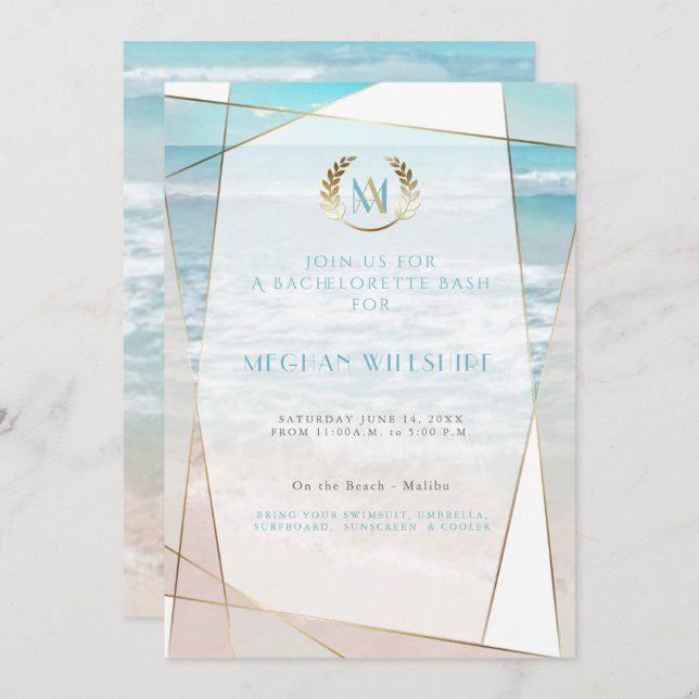 Bachelorette Bash |  Modern Monogram Beach Wedding Invitation (Front/Back)