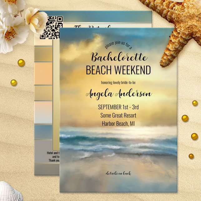 Bachelorette Beach Weekend Itinerary Invitation (Bachelorette weekend getaway itinerary template invitation featuring a painting of a beach at sunset)