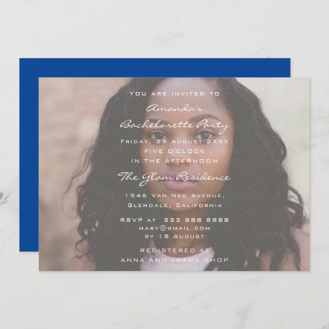 Bachelorette Birthday Party Photo Royal BlueGrunge Invitation (Front/Back)