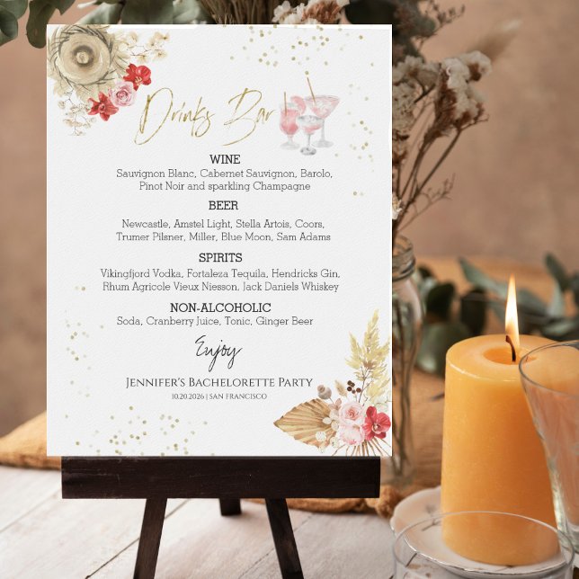 Bachelorette Boho Cocktail Gilded Drinks Menu Sign (Creator Uploaded)