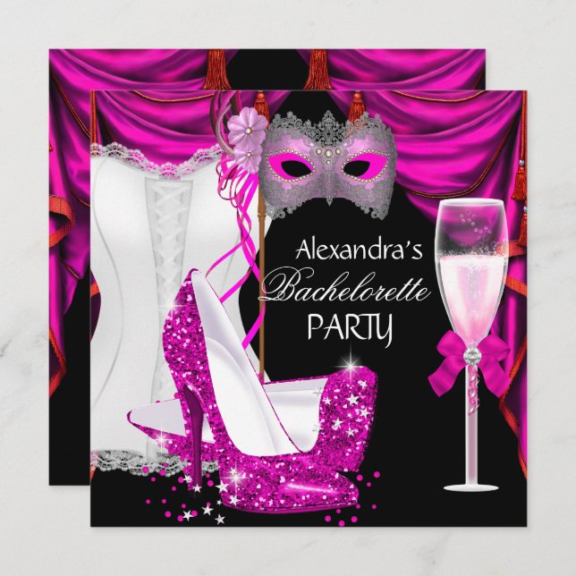 Bachelorette Corset Pink Masquerade Champagne 2 Invitation (Front/Back)