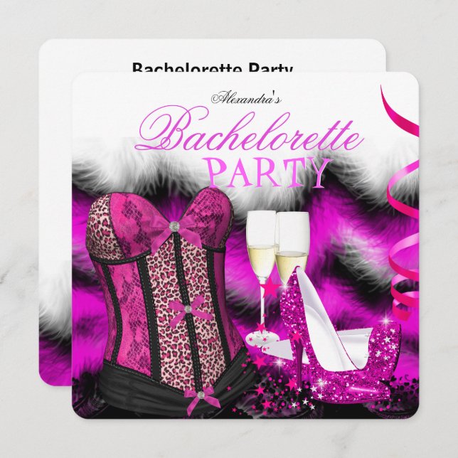 Bachelorette Feather Pink Corset Champagne Heels Invitation (Front/Back)