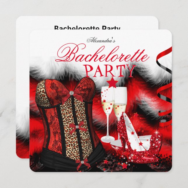 Bachelorette Feather Red Corset Champagne Heels Invitation (Front/Back)