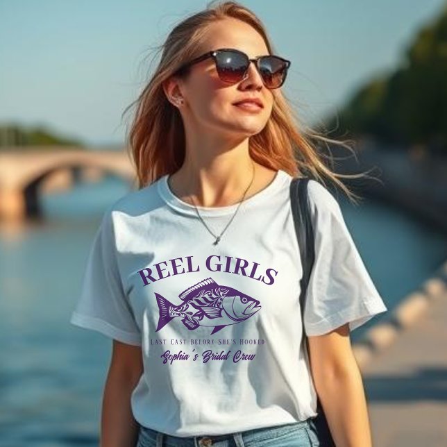 Bachelorette-Fisherman Style Reel Girls-Purple T-Shirt (Bachelorette Reel Girls T shirt, Bridal Crew Shirt)