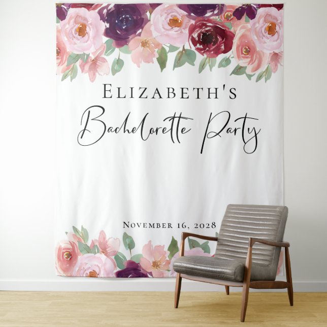 Bachelorette Floral Watercolor Burgundy Blush Tapestry (In Situ)