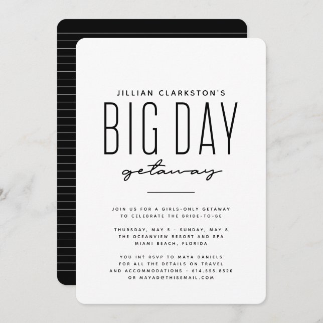 Bachelorette getaway trip black white invitation (Front/Back)