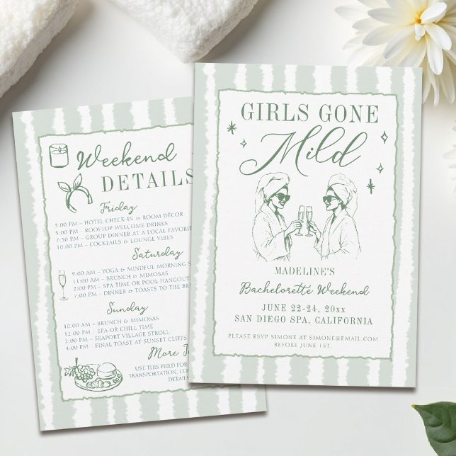 Bachelorette Girls Gone Mild Hand Drawn Stripes Invitation (girls gone mild invitation bachelorette weekend itinerary sage green spa hand drawn stripes)